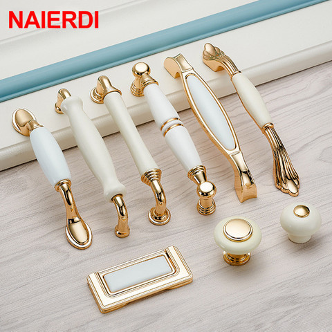 NAIERDI Gold White Creamic Cabinet Handles Knobs Drawer Pulls Kitchen Door Handles Furniture Handle Cabinet Door Hardware ► Photo 1/6