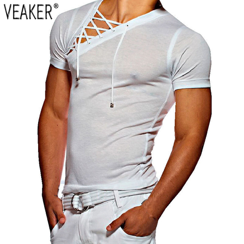 2022 New Men's Fitness Gyms t shirt Male sexy bandage hollow out White Short Sleeve t Shirt Men Sexy V Neck Tshirt Tops M-3XL ► Photo 1/6