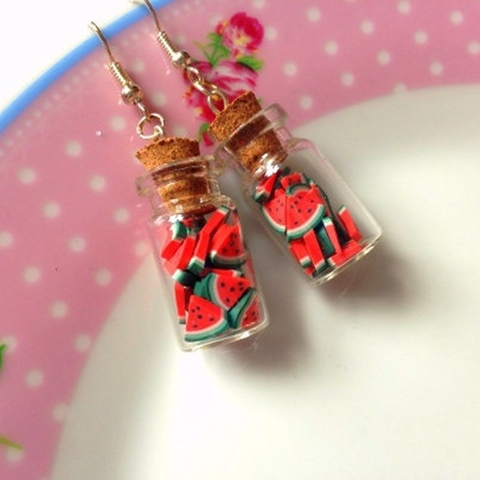 Watermelon Earrings, Fruit Earrings, Fruit jewellery, glass bottle earrings, summer watermelon jewellery gift ► Photo 1/2