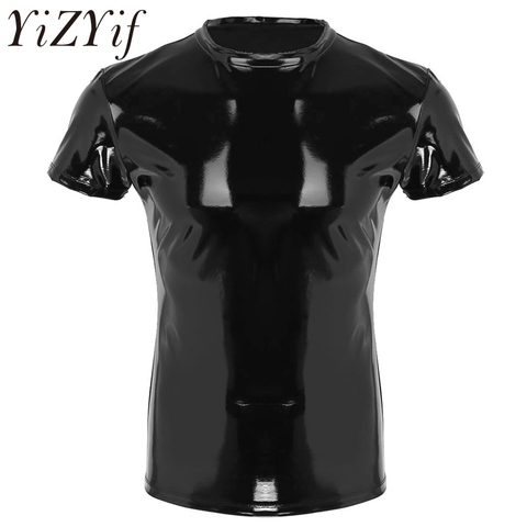 Sexy Men's PVC Leather Wet Look T-shirt Vest Stretch Undershirt latex Clubwear Stage Costume Muscle Tight T-Shirt Top ► Photo 1/6