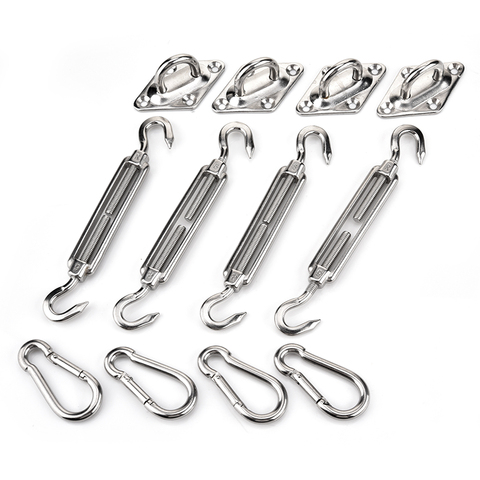 4 pcs Sun Shade Sail Canopy Fixing Accessories Stainless Steel Hardware Kit Turnbuckle Pad Eye Carabiner Clip Hook Screws Silver ► Photo 1/6