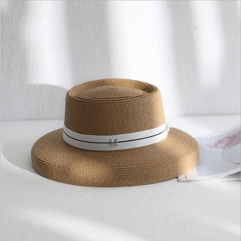 6 Inch Brim Beige Sun Hat With Black Ribbon Band / Flat Brim 