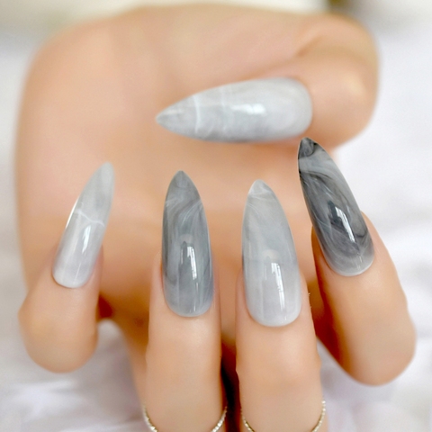 Extra long Stiletto Grey Marble Fake Nails Stone Pattern Pointed Dark Shiny Long Press On False Nails for Finger 24 Count ► Photo 1/5