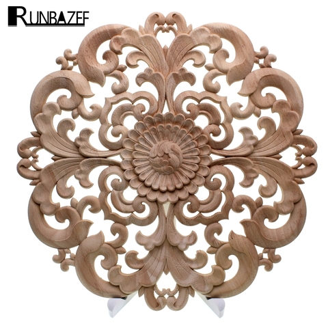 RUNBAZEF Woodcarving Furniture Decoration Solid Wood Door Round Applique Flower Him Miniature Crafts Figurine Storm ► Photo 1/6