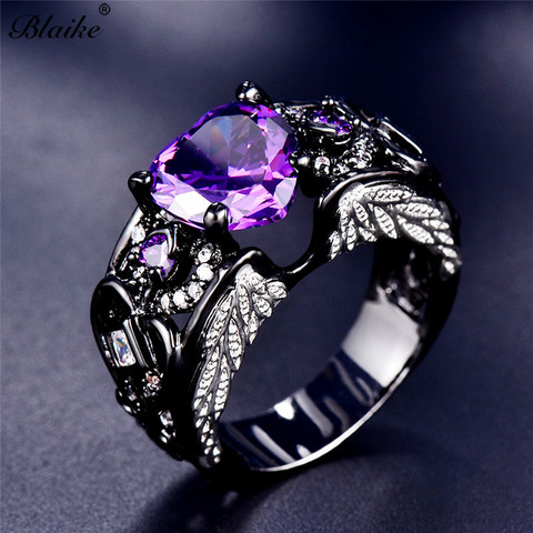 Blaike Luxury Angel Wings Purple Heart Ring Fashion Black Gold Filled AAA Zircon Birthstone Finger Jewelry For Women ► Photo 1/4
