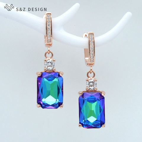 S&Z New Square Imitation Crystal 585 Rose Gold Dangle Earrings Temperament Personality For Women Wedding Party Fashion Jewelry ► Photo 1/6