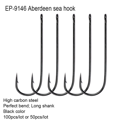 Eupheng 100pcs Or 50pcs EP-9146  Aberdeen Sea Long Shank Sports Fishing Hook Black Color Fish Hooks Wide Gape Fishing Hook ► Photo 1/2