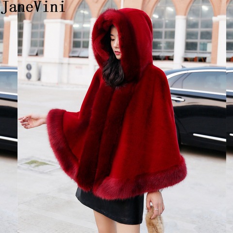JaneVini 2022 Hooded Short Fur Wrap Women Burgundy Bridal Shawl Faux Fur Bolero Black Party Wedding Coat Hood Cape Chal Boda ► Photo 1/6