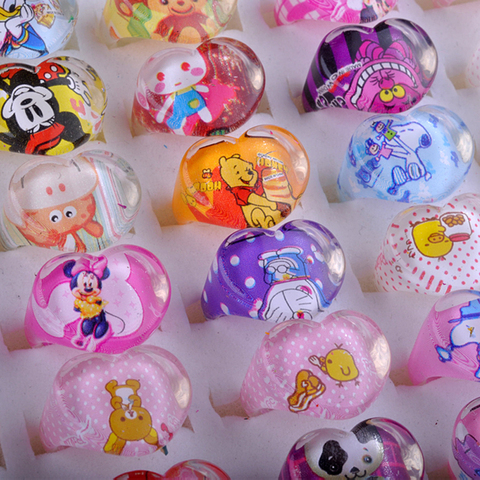 Wholesale 50PCS Jewelry Mixed Lots Resin Lucite Children Kid Rings Cartoon Pattern Heart Shape Ring Gift Cheap Drop Ship Free ► Photo 1/6