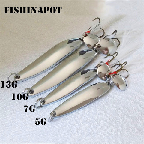 FISHINAPOT 1PCS Metal Sliver 5g 7g 10g 13g Spinners Spoon lure Fishing Lure Hard Bait Sequins with Feather Bass Treble Hook ► Photo 1/5