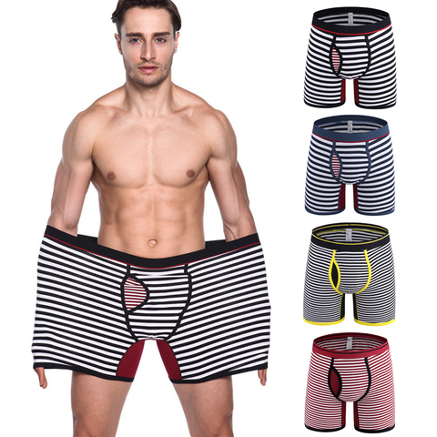 M-6XL Fashion Men's Stripe Boxers Sexy Cotton Lengthen Straight Angle Pants FRONT OPENING Design Underpant ► Photo 1/6