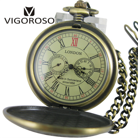 Luxury Two Sub-dials Mechanical Pocket Watch Hand Winding Bronze Alloy Skeleton Back FOB Chain Vintage Retro Roman Numeral Clock ► Photo 1/6