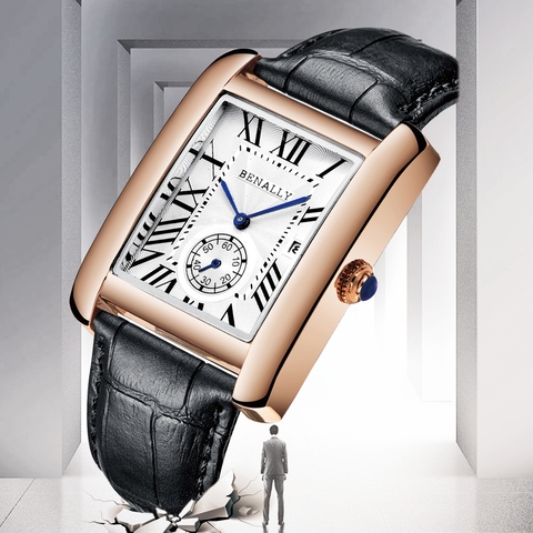 Luxury Brand Square Men WristWatches Unique Design Rose Gold Calendar Stop Watch Genuine Leather Quartz Business Watch for Man ► Photo 1/6