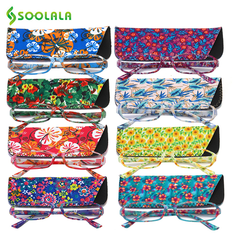 SOOLALA 8pcs Wholesale Rectangular Printed Reading Glasses Spring Hinge Womens Mens Cheap Reading Glasses With Case +1.0 to 4.0 ► Photo 1/6