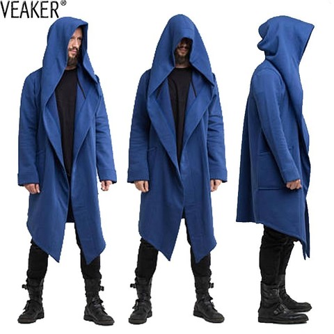 2022 Autumn New Men's Long Mantle Hoodies Outerwear Solid Color Hooded Streetwear Male Loose Long Hoodies Sweatshirt Cloak ► Photo 1/6