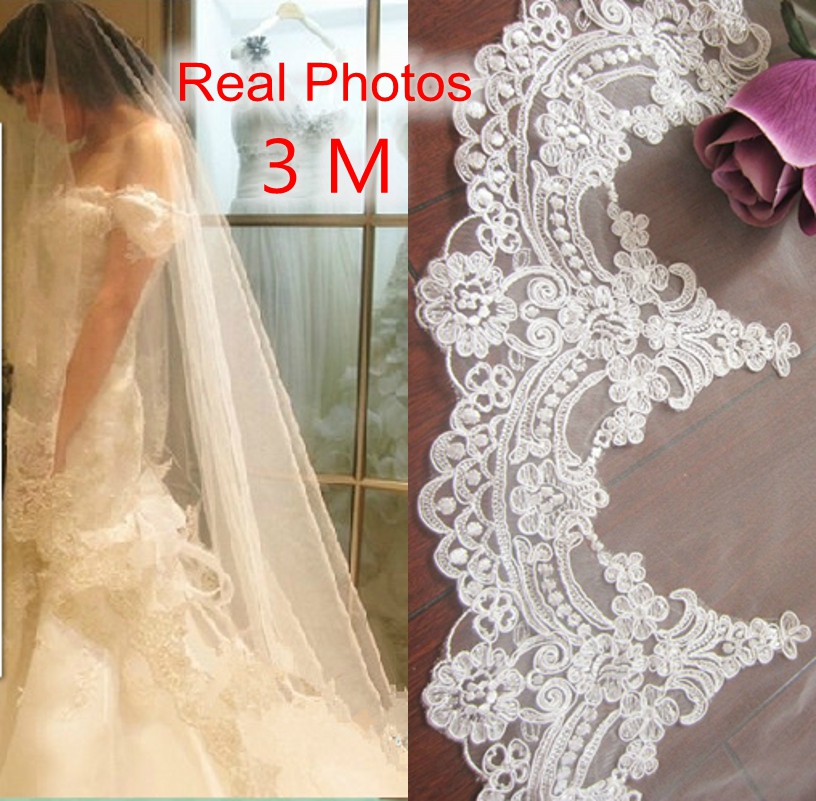 Wedding Veils White Ivory Long Cathedral Length With Comb Lace Bridal Veil 3M 1T 