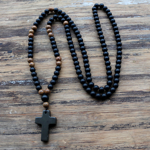 6MM Black stone Wood Beads with black stone cross Pendant Mens Rosary Necklace Mens Mala jewelry ► Photo 1/4