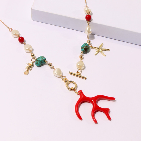 KOMi Handmade Necklace Shell Coral Stones Pearls Crystal Turquoises Charm Pendant Earrings Necklaces Set ожерелье серьги B40213 ► Photo 1/6