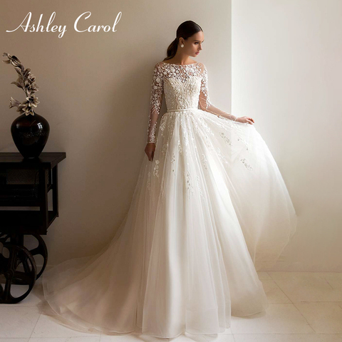 Ashley Carol A-Line Wedding Dress 2022 Long Sleeves Beach Scoop Romantic Beaded Appliques Princess Bridal Gowns Vestido De Noiva ► Photo 1/6