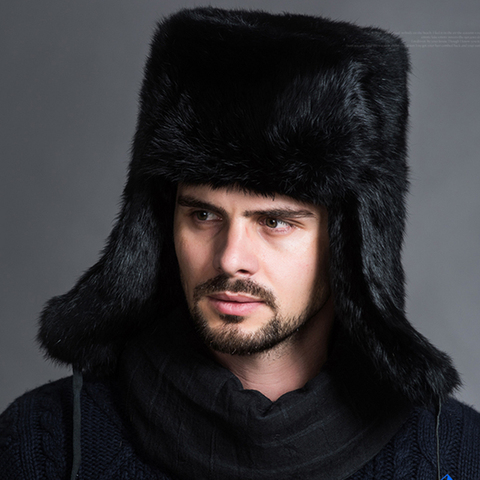 Naiveroo Fashion Russian Male Men's Winter Warm Fur Bomber Hats Black Solid Thicken Earflap Caps Leifeng Snow Hats Ear Warmer ► Photo 1/6