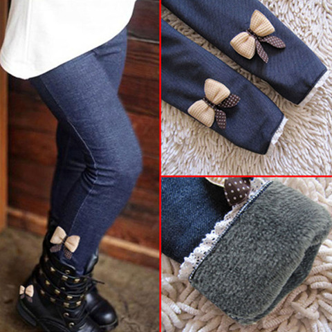 High Quality Thick Warm Winter Spring Jean Bow Girls Leggings Kids Trousers Children Pants ► Photo 1/6