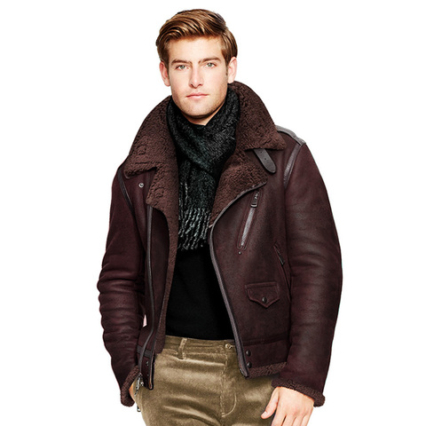 Free shipping.winter warm mens biker wool fur Jacket,classic B3 vintage genuine Leather jacket.thick sheepskin shearling coat. ► Photo 1/2