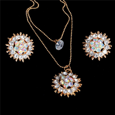 Exquisite Full CZ Crystal Pendants Necklace Earrings Sets 2 Layer Gold Color Jewelry Sets with Stud Earrings ► Photo 1/6