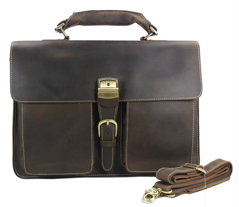 Vintage Crazy Horse Genuine Leather Men's Briefcases Business Bag Men Leather Briefcase 15