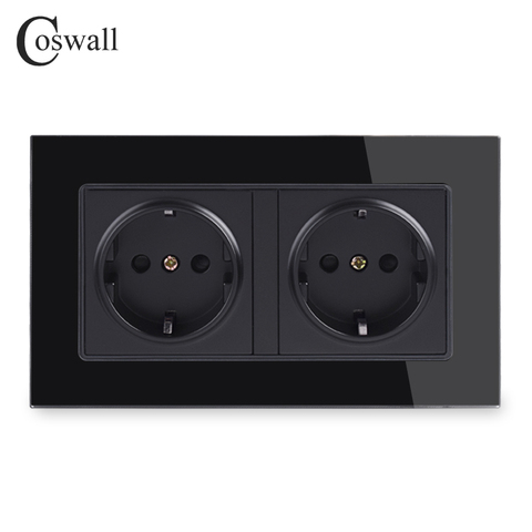 Coswall Wall Glass Panel 16A EU Russia Spain Double Socket Grounded With Children Protective Door Black Color 146*86mm ► Photo 1/3
