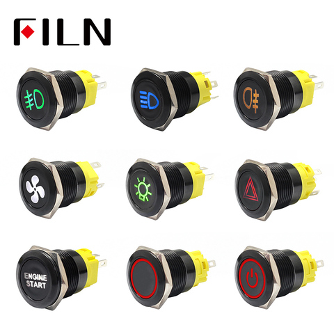 19mm 12v LED stainless steel black metal push button switch dashboard warning symbol momentary latching on off car racing switch ► Photo 1/6