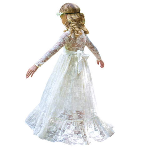 2 - 12 yrs girl Lace Long Dress With Sweet Big Bow 2022 new Long Sleeve Flower Baby Kids Princess Wedding Prom Party White/Beige ► Photo 1/6