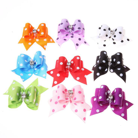 1 Pair Boutique Handmade Dog Hair Bows 10 Colors Dot Pattern Pet Hair Accessories With Rubber Band Rhinestone Decorated Bowknot ► Photo 1/6