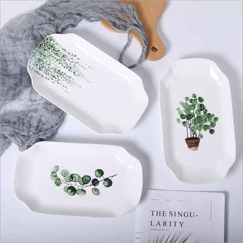 10-12 inch Green Plants Square Ceramic Plate Porcelain Beef Dishes Dessert Dish Fruit Plate Cake Tray Food Dinnerware Gift 1pc ► Photo 1/6