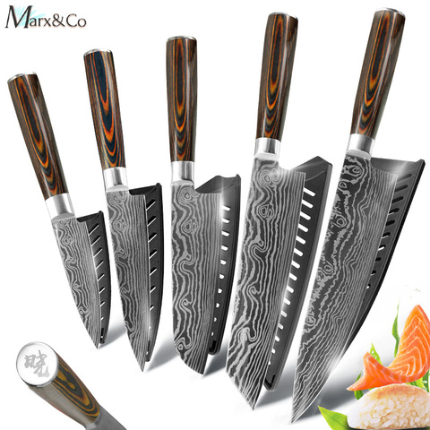 Kitchen Knife Set Chef Knives 7CR17 440C High Carbon Stainless Steel Damascus Drawing Meat Cleaver Slicing Santoku 5 Piece Set ► Photo 1/6