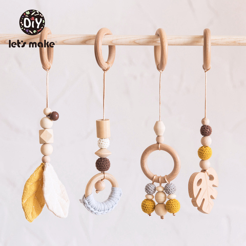 Let's Make Baby Toys 1set/4pcs Play Gym Wooden Beads Beech leaf Pendant Teething Nursing Stroller 0-12 Months Baby Rattle Toys ► Photo 1/6