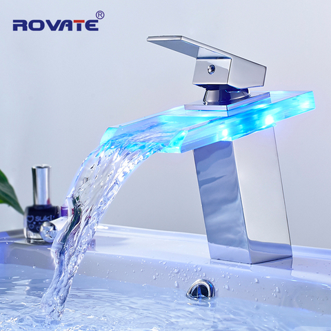 ROVATE LED Basin Faucet Brass Waterfall Temperature Colors Change Bathroom Mixer Tap Deck Mounted Wash Sink Glass Taps ► Photo 1/6