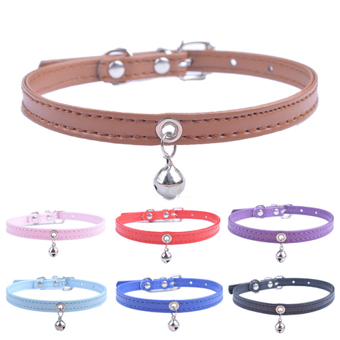 Cute Cat Collar Solid Faux Leather Adjustable Pet Collars With Bell Cats Products For Pets Red Blue Brown Pink Size XS S M ► Photo 1/6