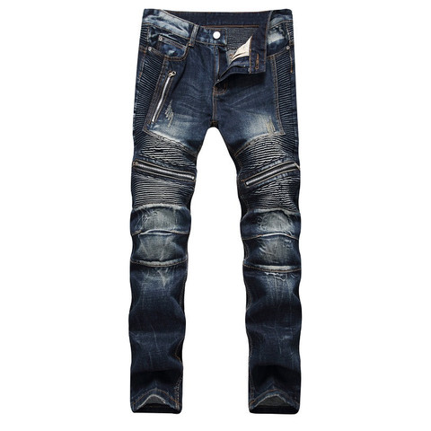 New Men Vintage Slim Fit Straight Biker Jeans Multiple zipper Pleated stitching Male streetwear Hip Hop Motorcycle Denim pants ► Photo 1/6