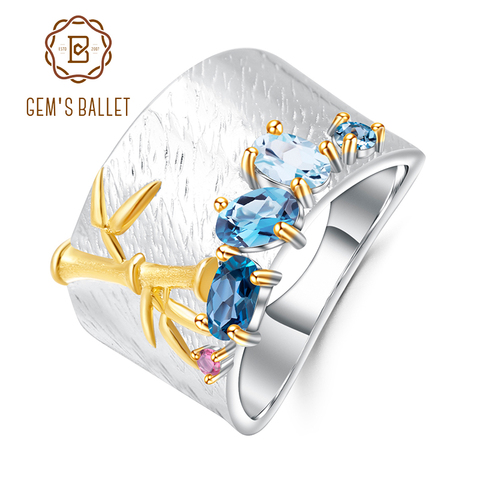 GEM'S BALLET Natural Creative Blue Topaz Gemstone Ring 925 Sterling Silver Handmade Bamboo Finger Rings for Women Fine Jewelry ► Photo 1/6