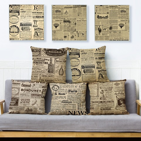 Vintage Newspaper Cushion Cover for Sofa Home Decor Throw Pillowcase Print Geometric Pillow Case Linen 45*45cm ► Photo 1/6
