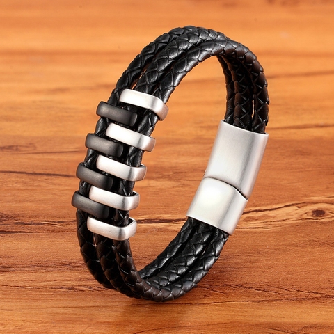 TYO Boys Mens Unisex Italian Black Layered Genuine Leather Charm Bracelets with Stainless Steel Magnetic Clasp Sizes 19/21/23CM ► Photo 1/6