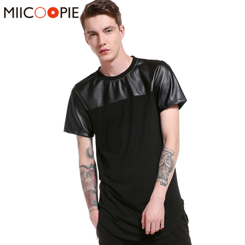 Harajuku Hip Hop T Shirt Men Patchwork Leather T-shirt Streetwear Men Skate Tee Shirts Arc hem Swag Clothes Camisetas XXL ► Photo 1/1