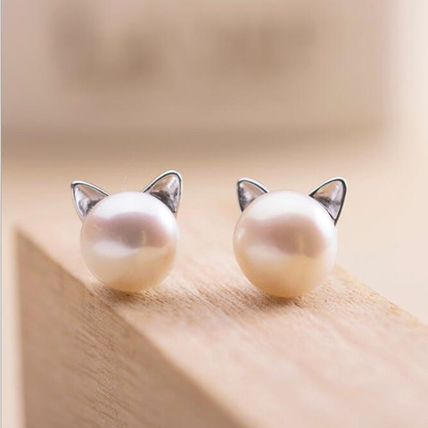 Creative Simple Craft Cute Animal 925 Sterling Silver Jewelry Small Cat Hollow Pierced Pearl Female Earrings   SE64 ► Photo 1/3