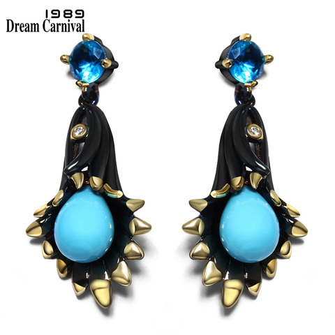 DreamCarnival1989 Chandelier Bell Flower Dangle Earrings for Women Black Gold-Color Spots Blue Tone Stoning Pendientes ZE52799 ► Photo 1/6