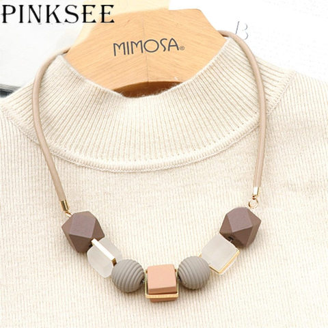 PINKSEE Colored Wood Round Beaded Pendant Necklace Trendy Sweater Chain Geometric Jewelry Accessories for Women ► Photo 1/6