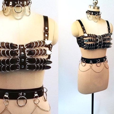 100% Handcrafted Choker Harness Caged TOP Bra Belt Body Chest PU Leather Waist Belt With Chains Link ► Photo 1/1