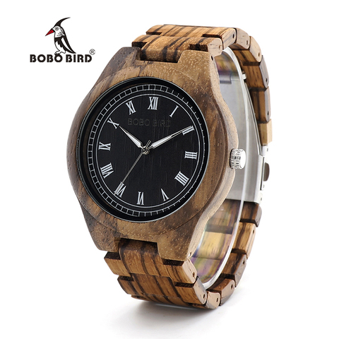 BOBO BIRD WO18O19 Wood Watch Ebony Zebra Wooden Watches for Men White Roman Number Quartz Watch with Tool for Adjusting Size ► Photo 1/6