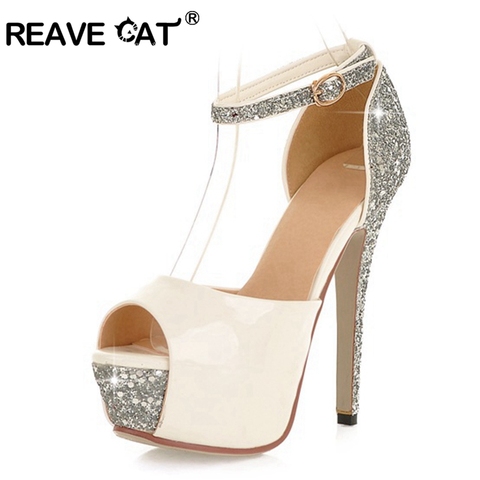 REAVE CAT Women Bridal Wedding High heel pumps Peep toe Stiletto Thin heels 13cm Platform Buckle Size 34-43 Silver zapatos de mu ► Photo 1/6