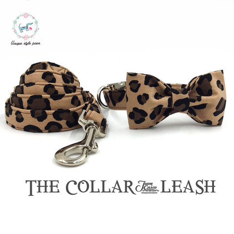 Unique Style Paws Leopard Print Dog Collar and Lead Set with Bow Tie Cotton Dog &Cat Necklace and Dog Leash ► Photo 1/6