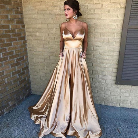 Newest A Line Long Champagne Evening Dress Sexy Elastic Satin Vestido De Festa Spaghetti Straps Party Formal Pageant Prom Gowns ► Photo 1/1